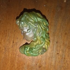 Medusa Brooch / Pin Gothic Appeal, Snakes In Hair Green / Yellow 1.5 Inch Long